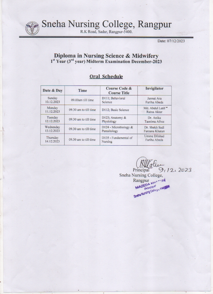 Mid Term Exam of Diploma in Nursing, Dec 2023